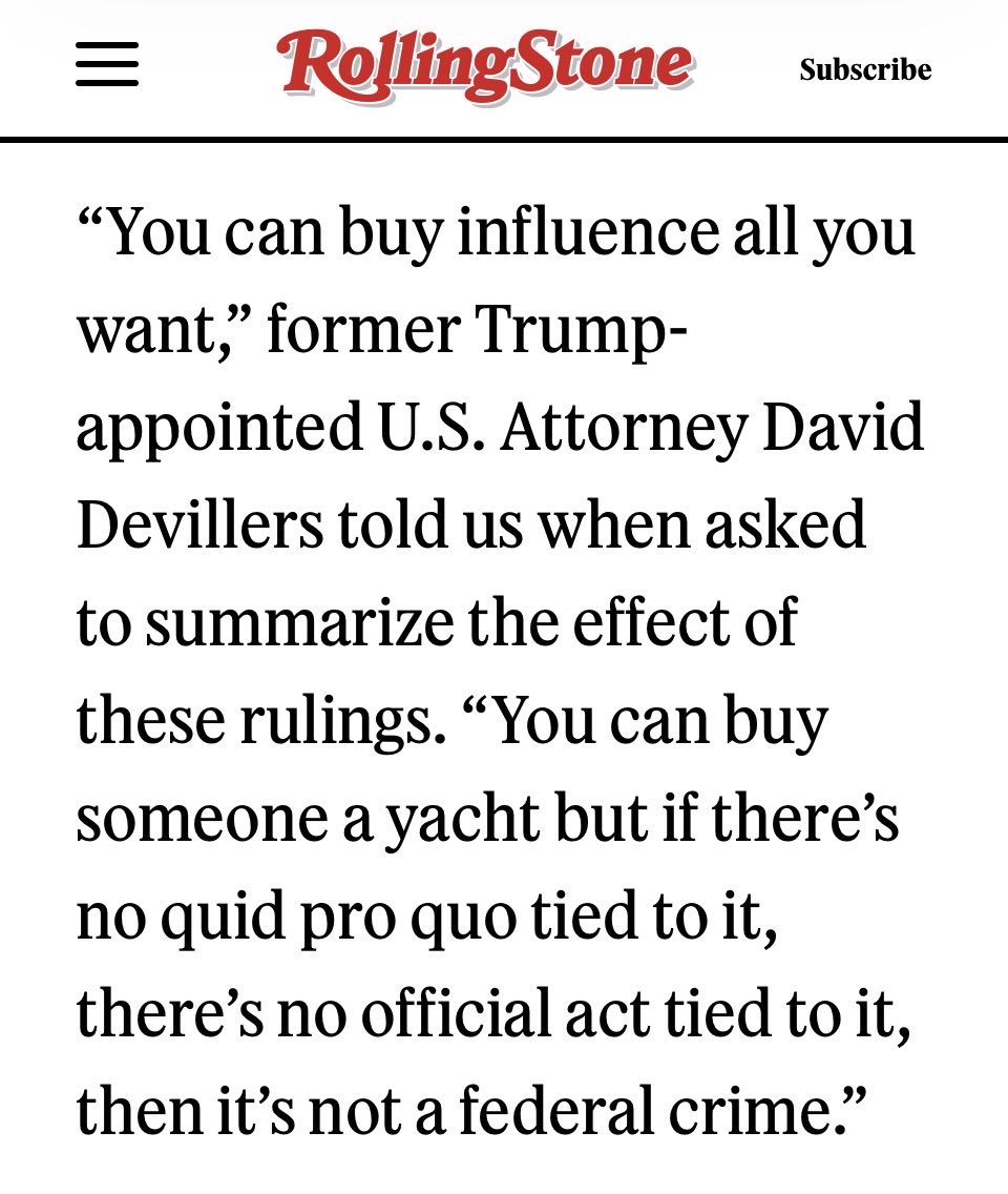 David Sirota (@davidsirota) on Twitter photo A former Trump-appointed prosecutor who secured major public corruption convictions says the Supreme Court is now making it nearly impossible to prosecute bribery. A former Trump-appointed prosecutor who secured major public corruption convictions says the Supreme Court is now making it nearly impossible to prosecute bribery.