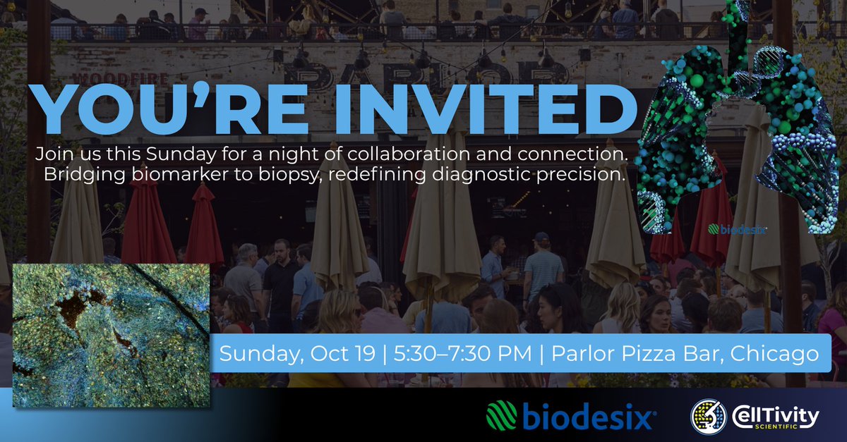 celltivity's tweet image. As we head into #CHEST2025, we’re joining forces with Biodesix to show how #collaboration can strengthen #diagnostic confidence from biomarker to biopsy.

📅 Sun, Oct 19
🕠 5:30–7:30 PM
📍 Parlor Pizza Bar, Chicago

Join us for meaningful discussion.

#lungcancer #bronchoscopy