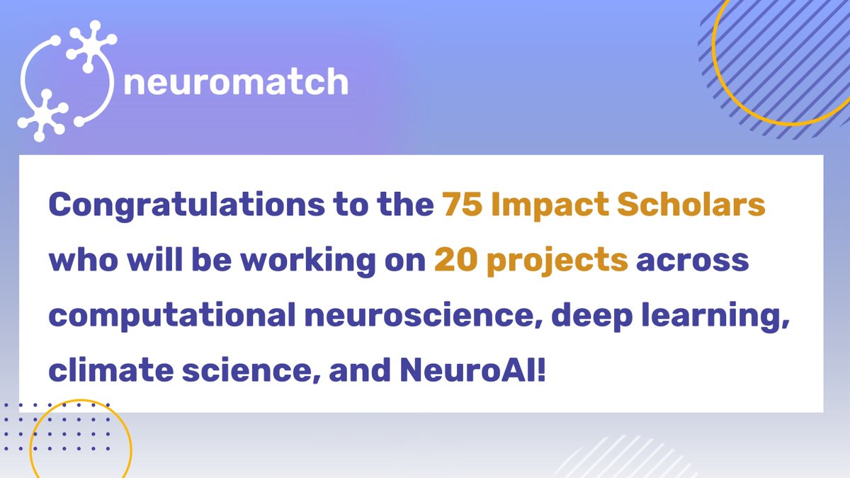 neuromatch's tweet image. A very warm welcome to the 2025–2026 Neuromatch Impact Scholars! 🤓 🎉
75 scholars across #ComputationalNeuroscience, #DeepLearning, #NeuroAI, & #ClimateScience driving research & global impact together.
➡️ Learn more: buff.ly/050Nl2I