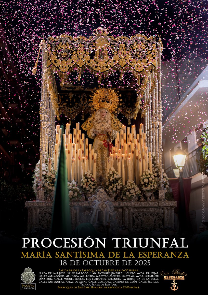 50 AÑOS DE ESPERANZA

Como colofón a los cultos por el 50 aniversario de María Santísima de la Esperanza, de <a href="/RHSPasion/">Real Hermandad de Pasión</a>, tendrá lugar una procesión extraordinaria, este sábado, por las calles de la ciudad.

#50añosDeEsperanza #Fuengirola