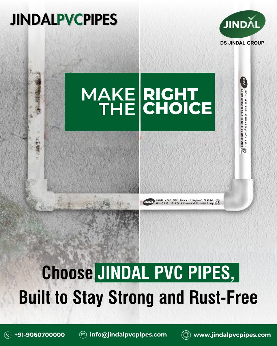 DSJindalGroup's tweet image. 💧 Strong. Rust-Free. Reliable.
Choose Jindal PVC Pipes — quality you can trust, built to last. 💪🚿

📲 +91-9060700000 
✉️ info@jindalpvcpipes.com 
🌐 jindalpvcpipes.com

#JindalPVCPipes #RustFreePipes #BuiltToLast #SmartPlumbing
