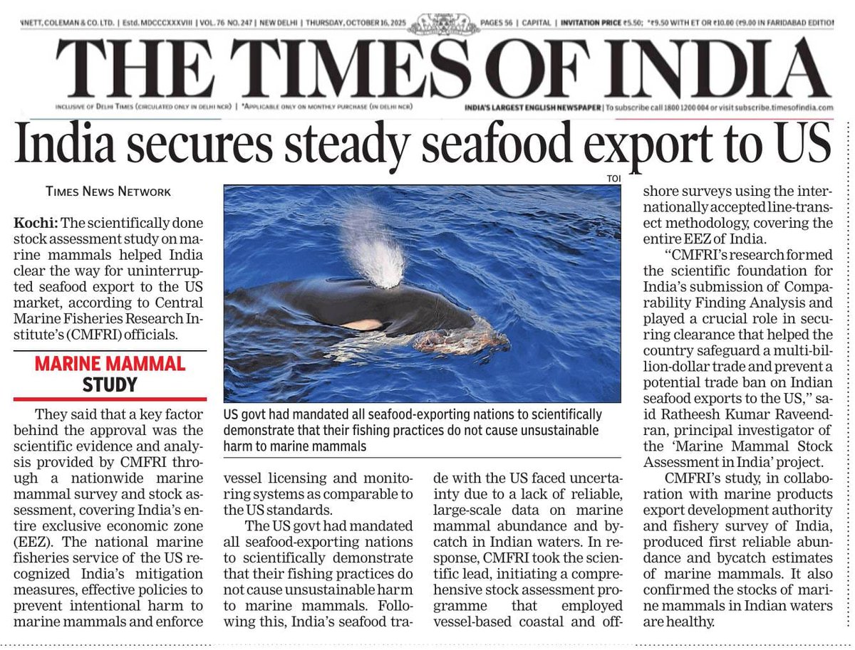 Proud to announce a monumental win for the #BlueEconomy! 🇮🇳
​CMFRI's Marine Mammal Stock Assessment research has secured India's uninterrupted seafood export access to the US, complying with the stringent MMPA.

​#CMFRI #SeafoodExport #MMPA #MarineMammals #AtmanirbharBharat
