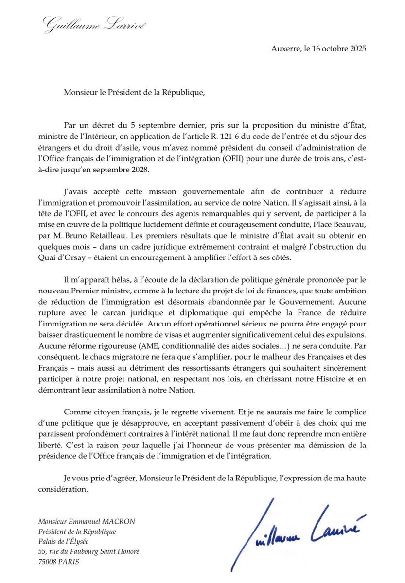 Je ne saurais être le complice d’une politique contraire à l’intérêt national. J’ai donc présenté au président de la République ma démission de la présidence de l’Office français de l’immigration et de l’intégration.