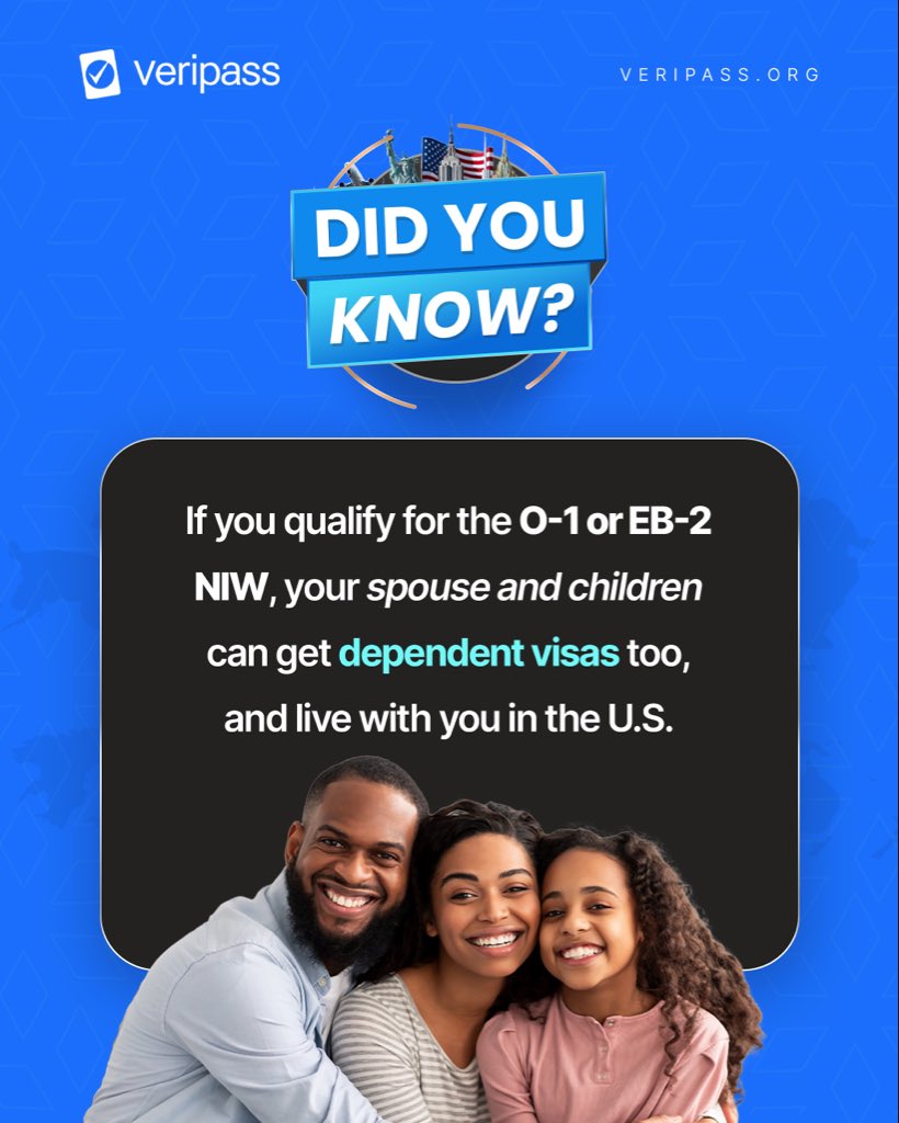 _VeriPass's tweet image. Now it’s the time to bring your family to the U.S. Qualifying for an O-1 or EB-2 NIW visa doesn’t just open doors for your career,it opens doors for your loved ones too.
Take the first step toward making this a reality by reaching out to clientsupport@veripass.org for expert…