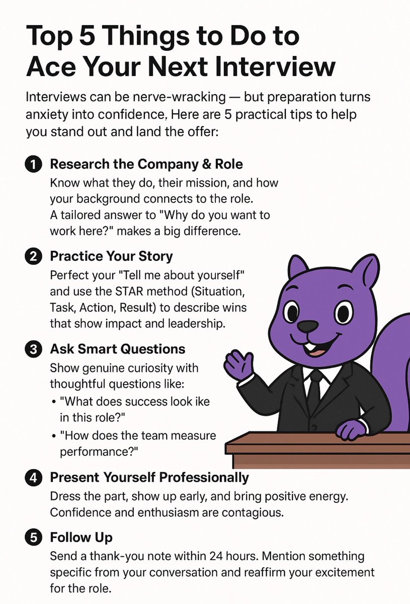 4PurpleSquirrel's tweet photo. 🎯 Top 5 Things to Do to Ace Your Next Interview! 

Interviews can be nerve-wracking — but preparation turns anxiety into confidence. 

Here are 5 practical tips to help you stand out and land the offer:

#interview #tips #preparation #offer https://t.co/bTrFqRrrJY