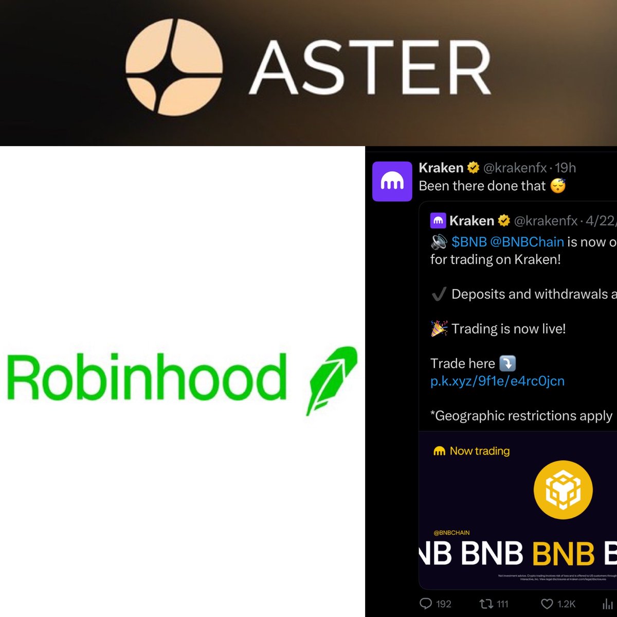 DaoKwonDo's tweet image. Breaking 🚨
-Robinhood lists Aster
-Coinbase lists BnB
-Kraken did it before it was cool to
@YazanXBT put belt to ass on all to make this happen w/ the help of @cz_binance @ShiLLin_ViLLian @SpottieWiFi @crypto_bitlord7 + yours truly, Books