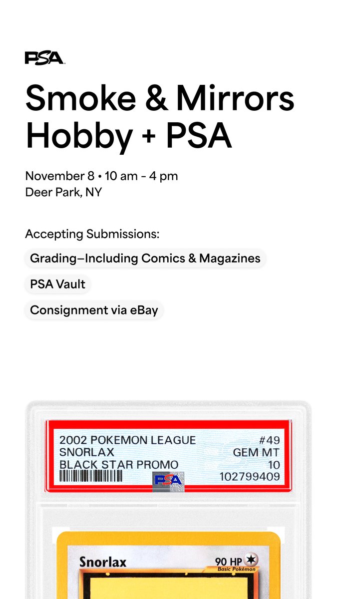 Sm0ke_N_Mirrors's tweet photo. 🎉 ATTENTION LOCAL COLLECTORS 🎉

It is with great pleasure to announce we have partnered with @PSAcard  again to host a Drop Off Event in our shop next month!!

It will happen on Saturday, November 8th from 10am to 4pm! There will be staff here from PSA to help with collectors interested in submitting their collectibles for grading! 

‼️ All the details PSA want to be known ahead of time can be found here: https://t.co/gE9QBEF5EY 

Please come as prepared as you possibly can for the event (ie. pre filled paperwork, etc). Any questions you may have should be addressed in the above link. Regardless, the staff can help with every step of the process if needed!! It went very well last time according to our eyes/ears and all the feedback we received later on!

Hope you all have a great day and stay blessed in all you do!! 🥰🤙