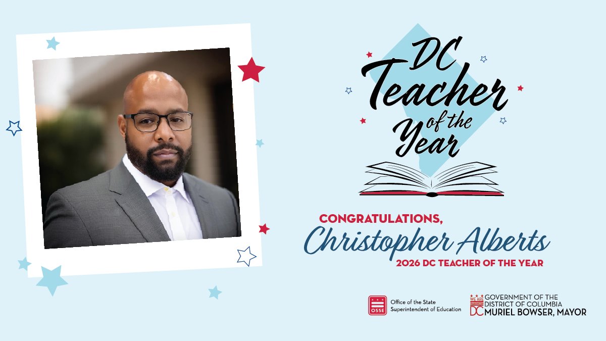Congratulations Christopher Alberts, the 2026 DC Teacher of the Year! Mr. Alberts is the Director of Performing Arts and a music educator at School Without Walls High School. Thank you for pushing students by creating a joyful and culturally meaningful learning environment.