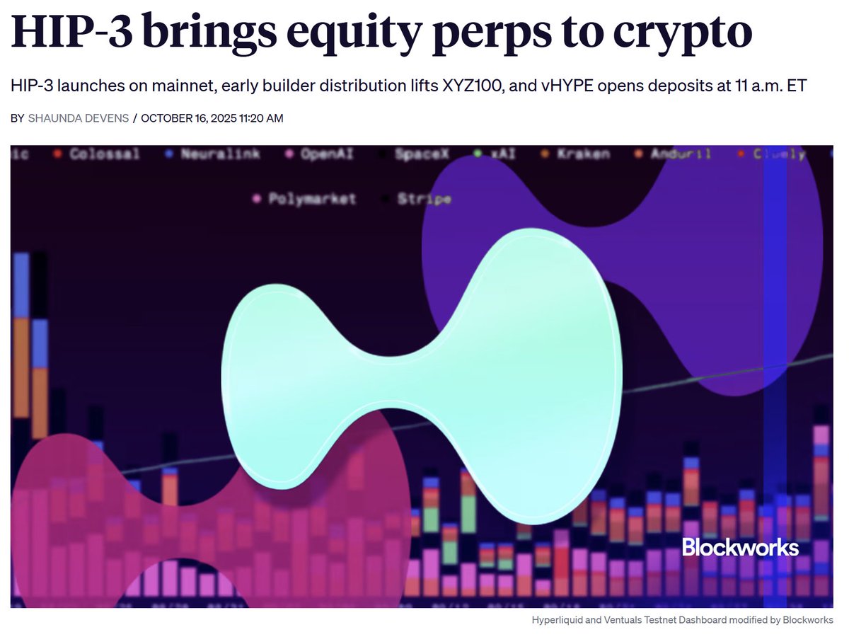 Blockworks's tweet photo. HIP-3 is bringing equity perps to crypto, with Unit leading the charge https://t.co/Mo1tdaQgFk
