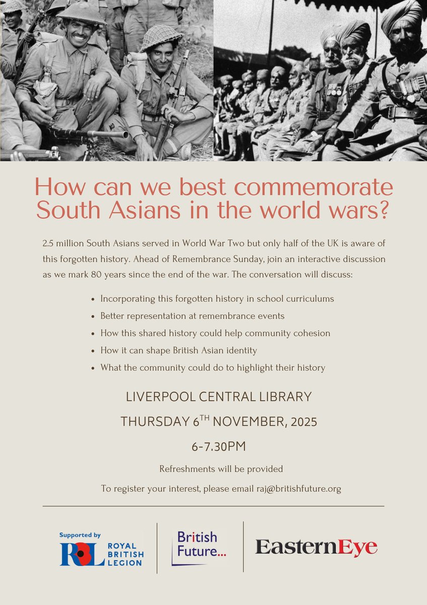 In the lead up to #RemembranceDay an important conversation is taking place in #Liverpool - how best to honour/remember the forgotten army: South Asians who fought in #WW1 and #WW2 

More details below 👇🏽