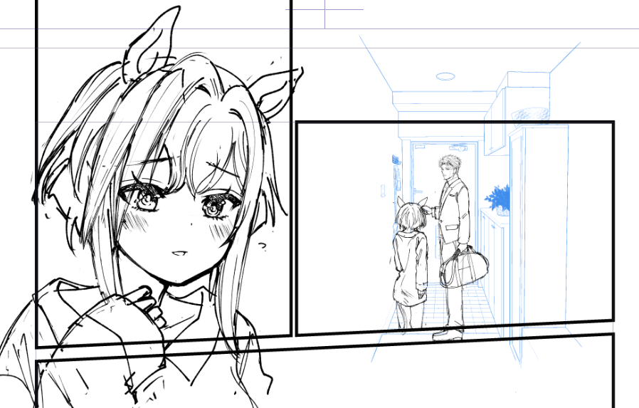 今回イメージつかみやすくするために
下書き時はトレの顔を入れています
（仕上げ時は見切れさせたりセリフやらなんやらで
隠します～）