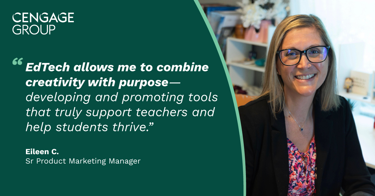 CengageLearning's tweet image. At Cengage Group, our people are united by a mission to make learning #accessible. We spoke with Eileen C., Sr Product Marketing Manager, about why she's passionate about empowering educators with engaging resources that bring #learning to life. Read more: bit.ly/3IEVnec