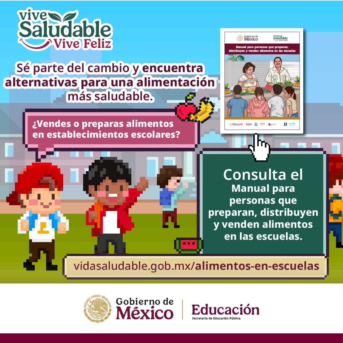 Con la estrategia #ViveSaludableViveFeliz le dijimos "adiós" a la comida chatarra en las escuelas de todo el país. 

📌En el Manual para personas que preparan, distribuyen y venden alimentos, encontrarás recomendaciones sanas y nutritivas  vidasaludable.gob.mx