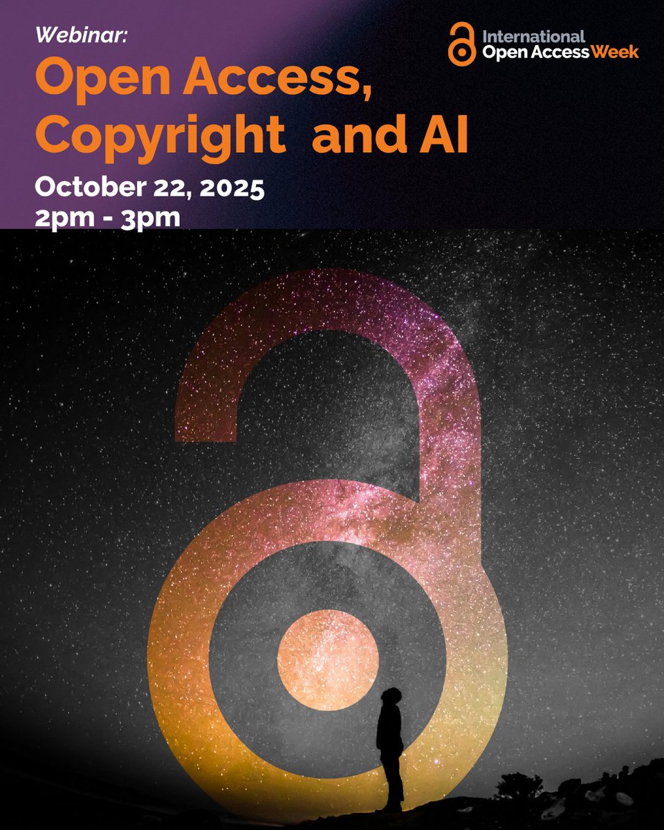 Just announced: "Open Access, Copyright &amp; AI" -- an #OAWeek webinar with our expert #librarians. Join us Wed. 10/22 &amp; learn about the basics of #OpenAccess publishing, plus a discussion on how #AI is impacting scholarly communications, teaching &amp; research. RSVP to attend: