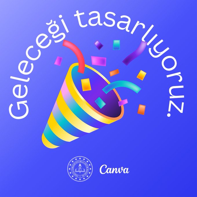 Colorful graphic illustration on blue background featuring a yellow and striped party popper emitting multicolored confetti and ribbons with Turkish text Gelecek Tasarim Gelecegini Tasarimlama meaning Design the Future of Design surrounded by festive elements and Canva watermark at bottom.