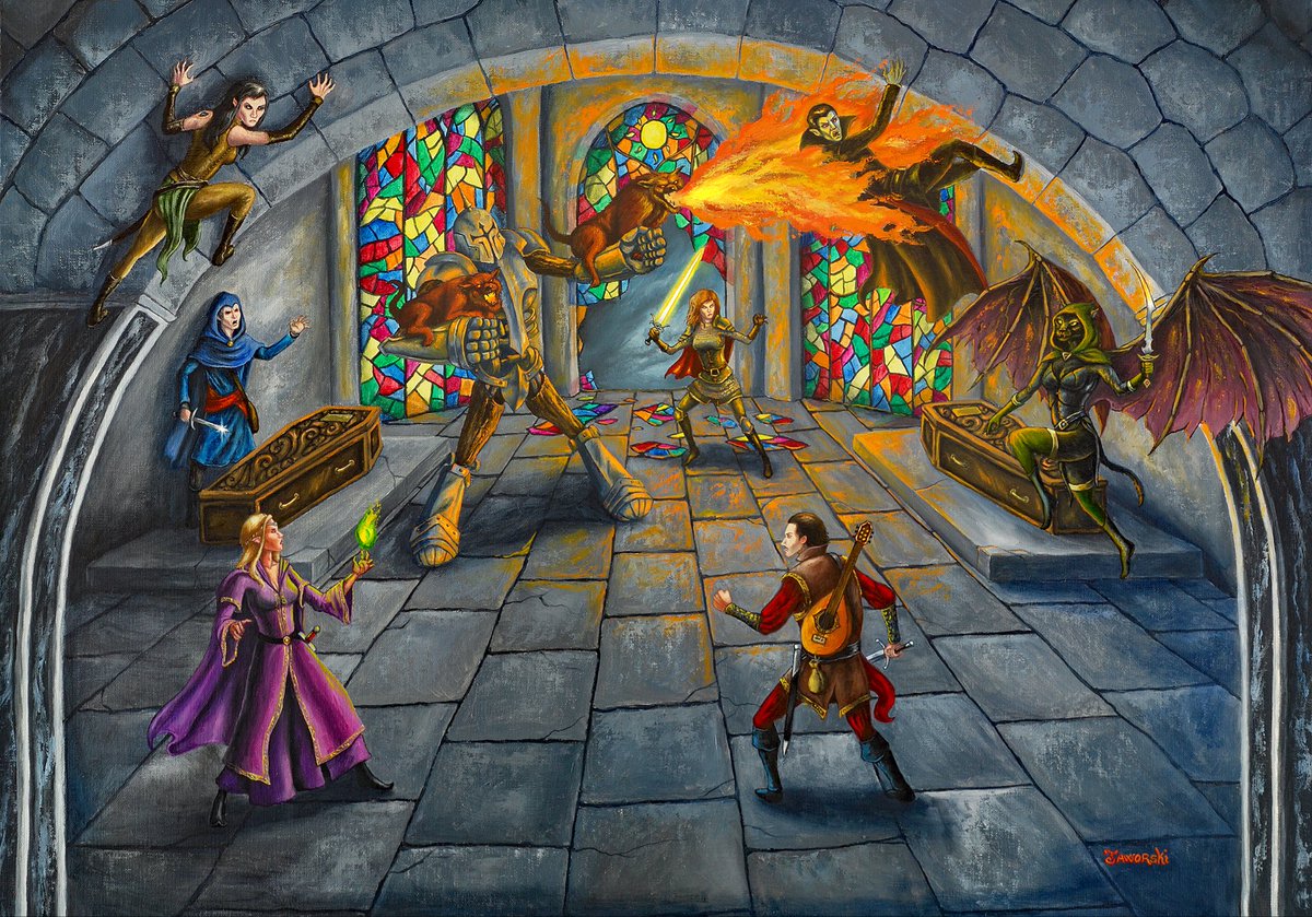 “Strahd’s End” (18” x 24” oil, private commission). A wild scene where an eclectic group of adventurers take on Strahd in his parents tomb.