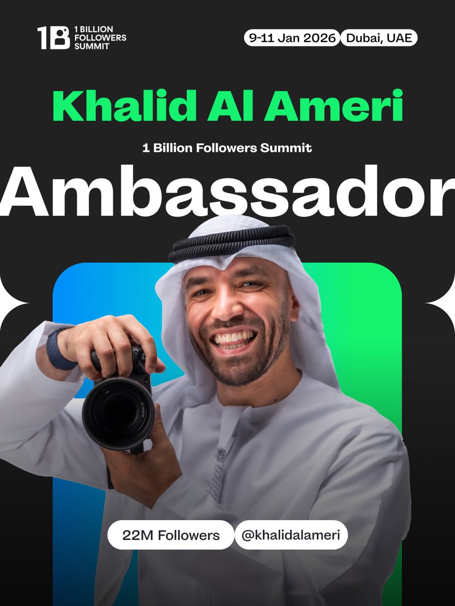 خالد العامري، صانع المحتوى الذي يلهم الملايين بقصصه المؤثرة التي تحتفي بالثقافة وتبني جسور التواصل، ينضمّ إلى #قمة_المليار_متابع كأحد سفراء نسختها الرابعة. 🌍✨
يقود خالد شركة Khalid Al Ameri Media في الإمارات، حيث يواصل تقديم محتوى يجمع بين الإلهام والهوية والقصص الإنسانية.

🎟️