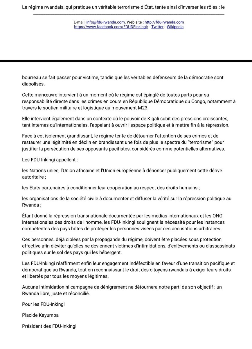 🇷🇼 COMMUNIQUÉ | Les FDU-Inkingi dénoncent la manipulation du régime rwandais qui accuse ses opposants pacifistes de “terrorisme” pour masquer son propre terrorisme d’État.
📢 Appel à la protection des personnes visées fdu-rwanda.com/le-regime-rwan…
#Rwanda #FDUInkingi #RDC #Justice