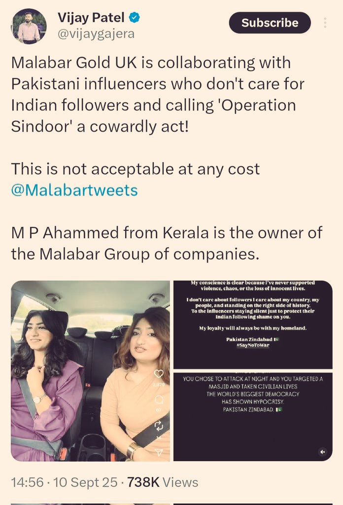 DeepikaBhardwaj's tweet image. UTTER SHAME ON YOU @Malabartweets
Instead of dropping content produced in collaboration with Pakistani influencers who demanded OpSindoor you've chosen to target @vijaygajera for this tweet that only states TRUTH
#BoycottMalabarGold
