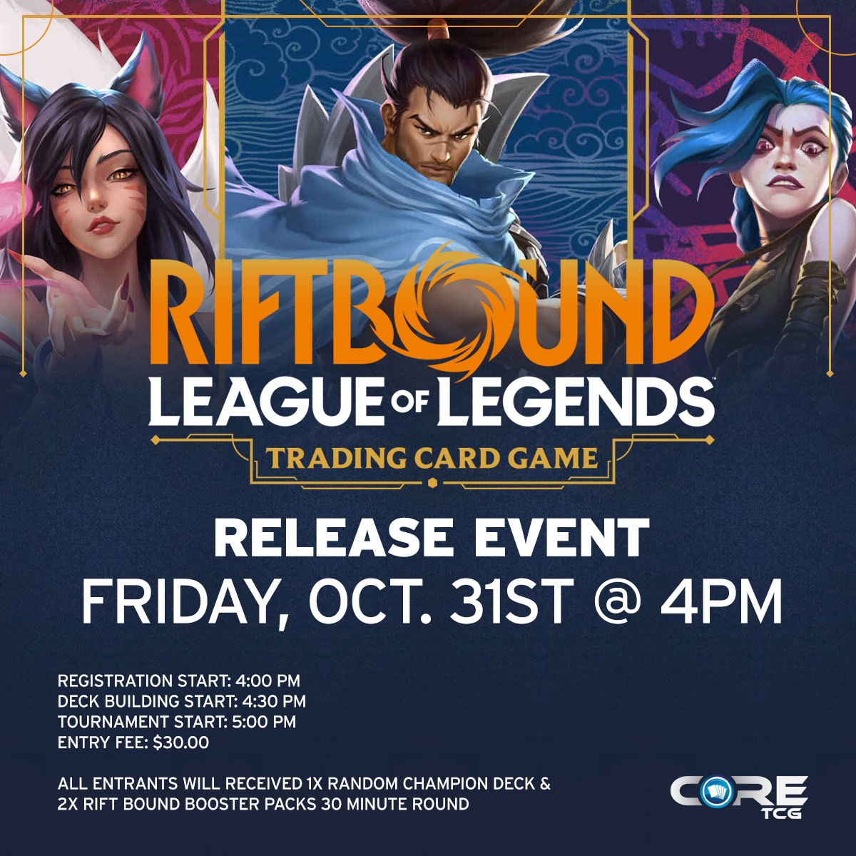 CoreTCG's tweet image. We will be hosting a Riftbound release event Friday, Oct. 31st at 4PM.  

There will be a cap of 48 players so please make your plans accordingly.

#coretcg #riftbound