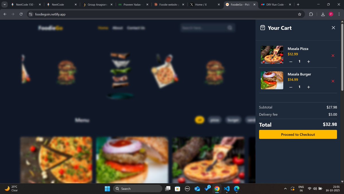 prveen_yadav_'s tweet image. Updated my FoodieGo App -&amp;gt;
🔗 foodiegoin.netlify.app

Features: 
✅ Real-time search 
✅ Smart cart system 
✅ Dark mode 
✅ Smooth animations 
✅ Fully responsive
✅ Toast
✅ UseMemo
✅ Smart Cardpreview
✅ Farmer Motion

Next up: Writing API
#ReactJS #WebDevelopment #Frontend