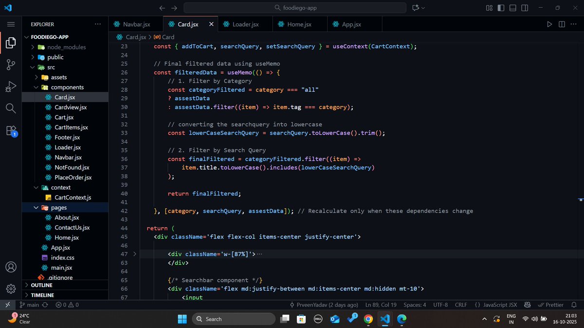 prveen_yadav_'s tweet image. Updated my FoodieGo App -&amp;gt;
🔗 foodiegoin.netlify.app

Features: 
✅ Real-time search 
✅ Smart cart system 
✅ Dark mode 
✅ Smooth animations 
✅ Fully responsive
✅ Toast
✅ UseMemo
✅ Smart Cardpreview
✅ Farmer Motion

Next up: Writing API
#ReactJS #WebDevelopment #Frontend