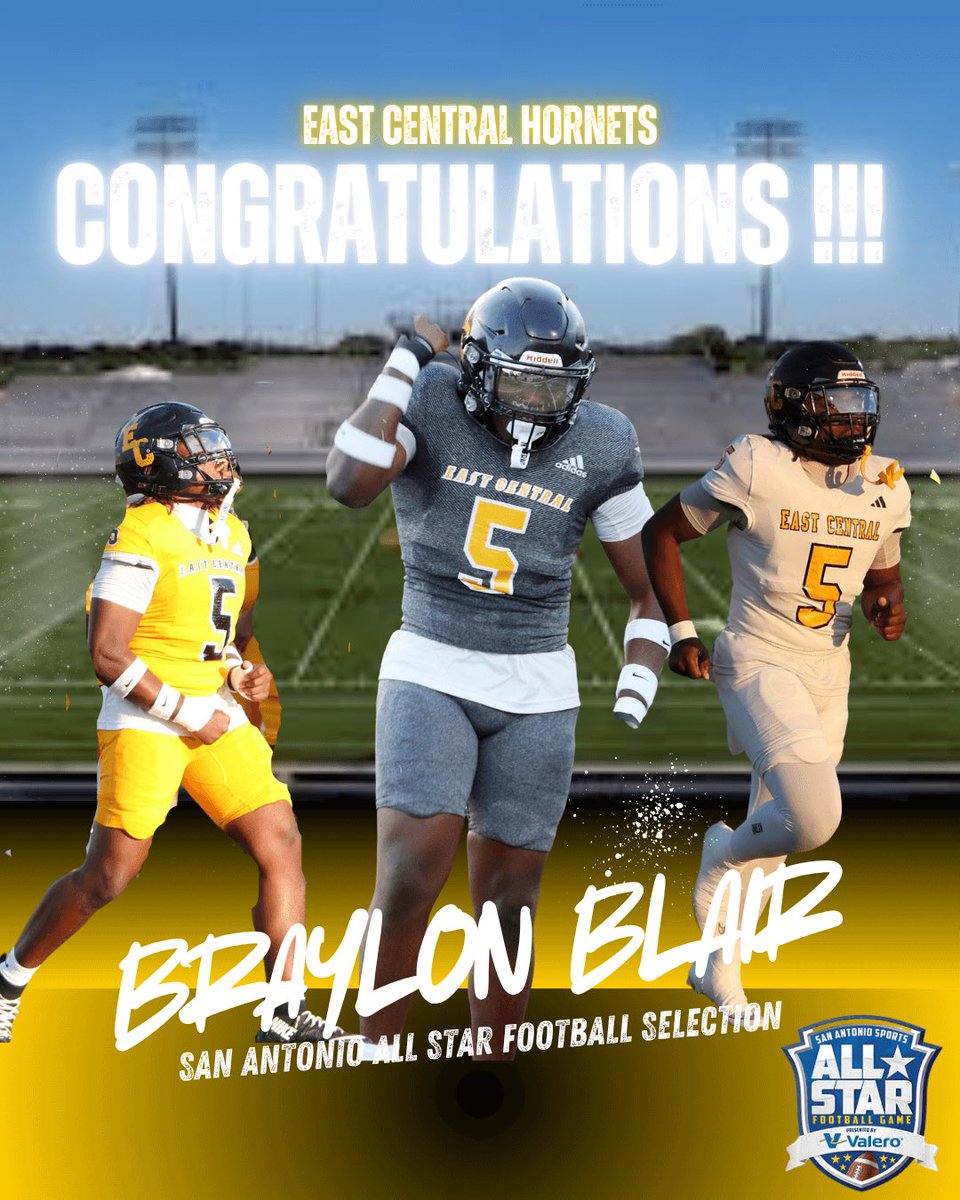 BIG TIME HONOR!!!
Congrats to Braylon Blair on being selected to the San Antonio Sports All-Star Football Team!
He’ll rep ECISD on Team Blue Jan. 10, 2026, at the Alamodome!
One of 119 elite players from 68 schools! 
 <a href="/ECISDtweets/">East Central ISD</a> <a href="/ArriolaSuzette/">Suzette Arriola</a> <a href="/_ECAthletics/">ECHS Hornet Athletics</a> <a href="/joehubb74/">Coach Hubb</a>