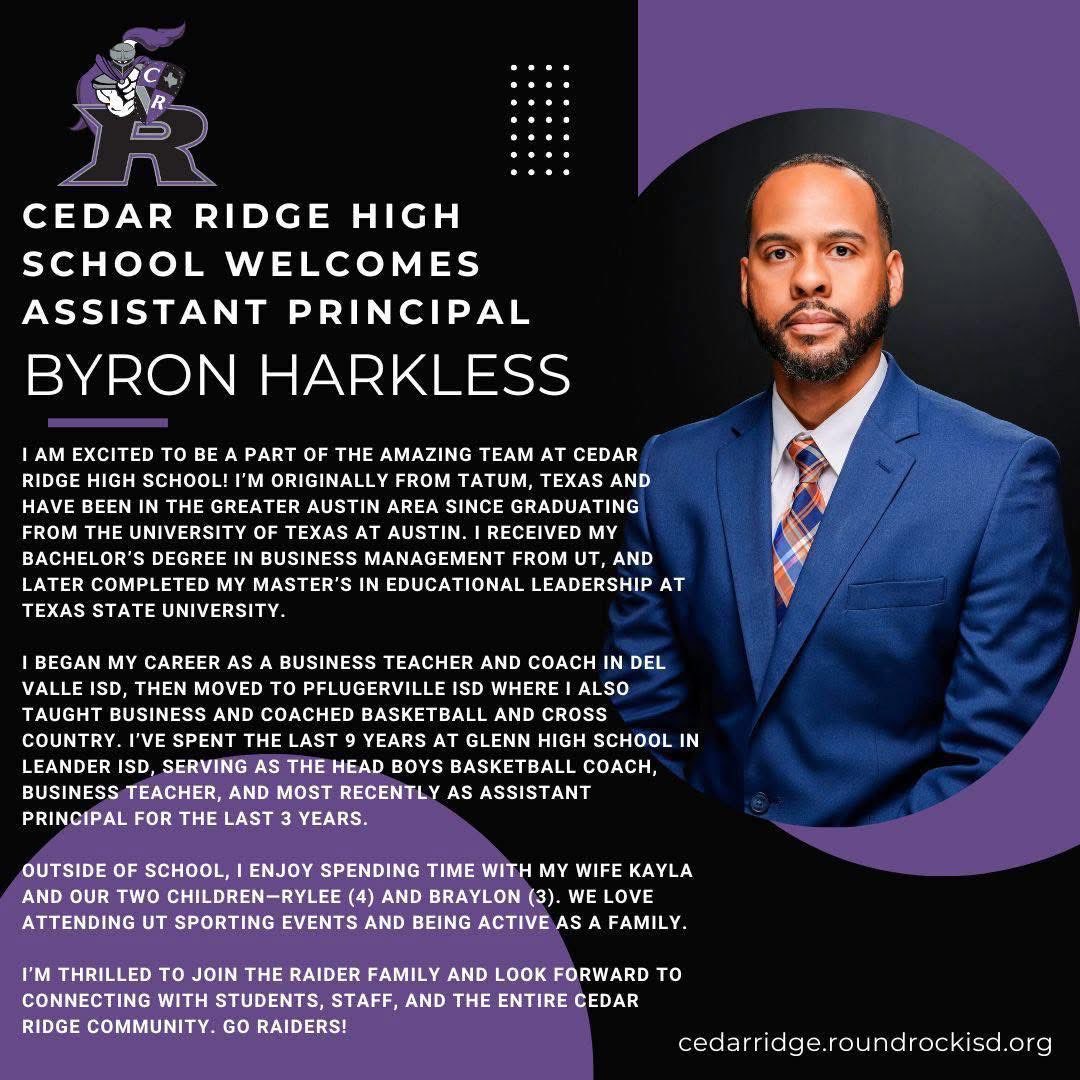 October is Principal Appreciation Month! How about another warm welcome to one of our newer Assistant Principals, Mr. Harkless. Thanks for all that you do for CRHS Students and Staff!