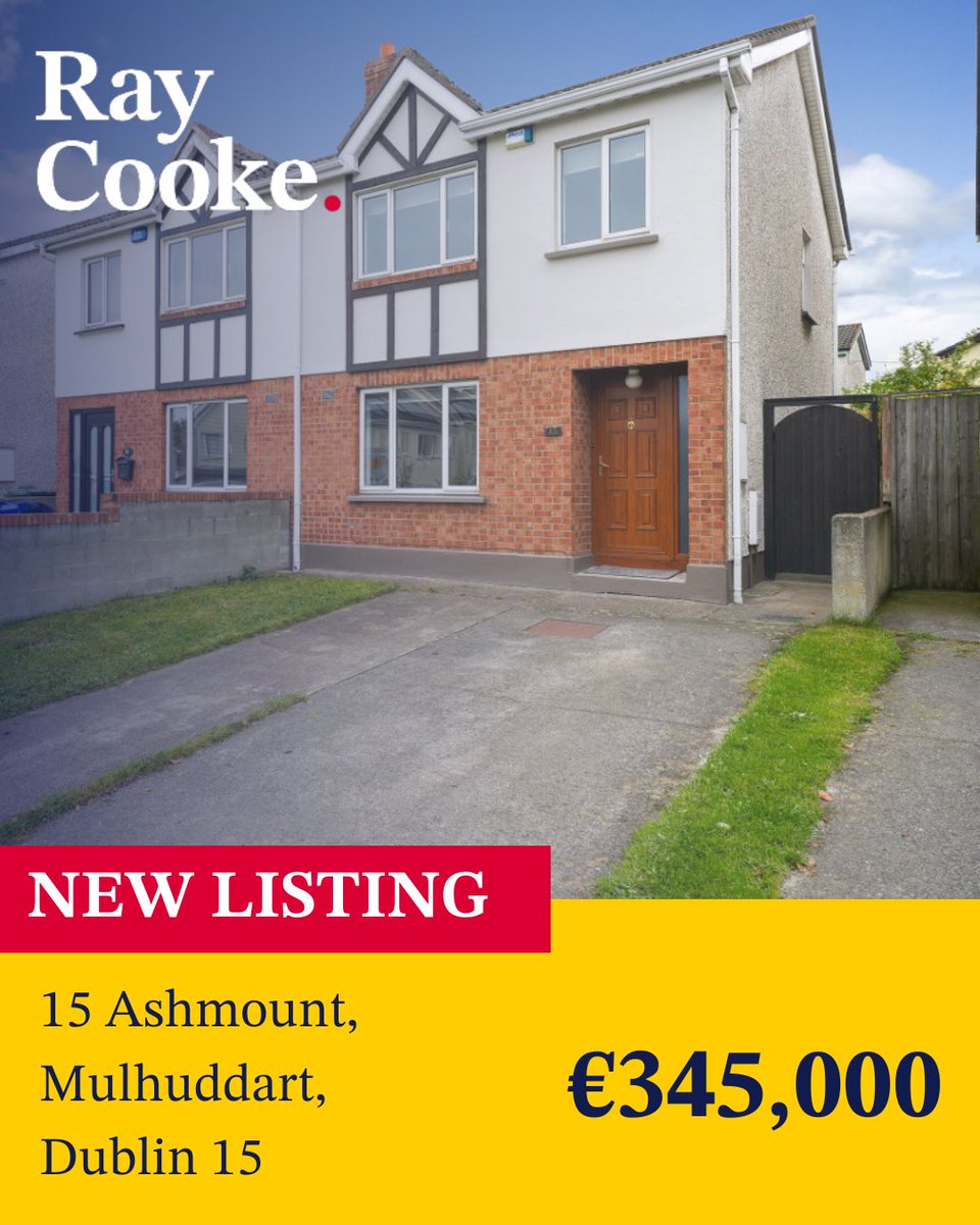 🏡 NEW LISTING - 15 Ashmount, Mulhuddart, Dublin 15 

This is a 3 bed 2 bath semi detached home 🏡

💶 Guided At €345,000 

For more information or to arrange a viewing contact our office directly 📲 01 554 1699 

#raycookeauctioneers #newlisting #propertylisting #newhome