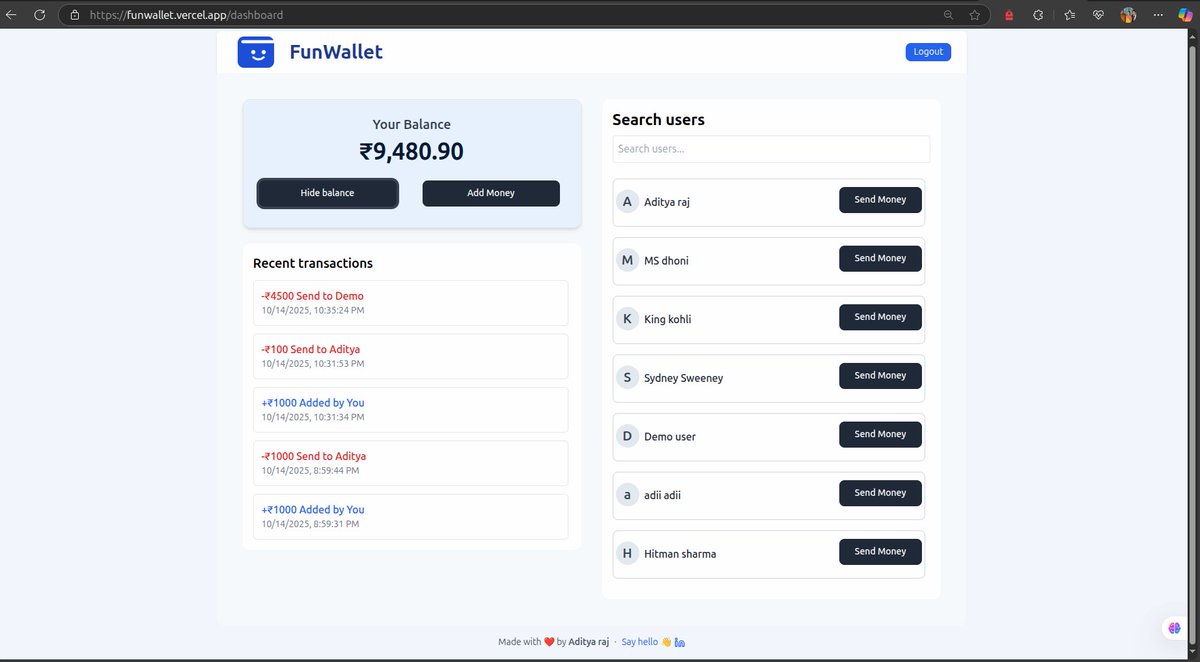AdityaRaj_x's tweet image. FunWallet - A wallet for play, not pay.

&amp;gt; Live link - funwallet.vercel.app

📌 I built this for learning purposes  to understand how wallet transactions and transaction history actually work.

#BuildInPublic  #nodejs #reactjs

@ChaiCodeHQ  review.