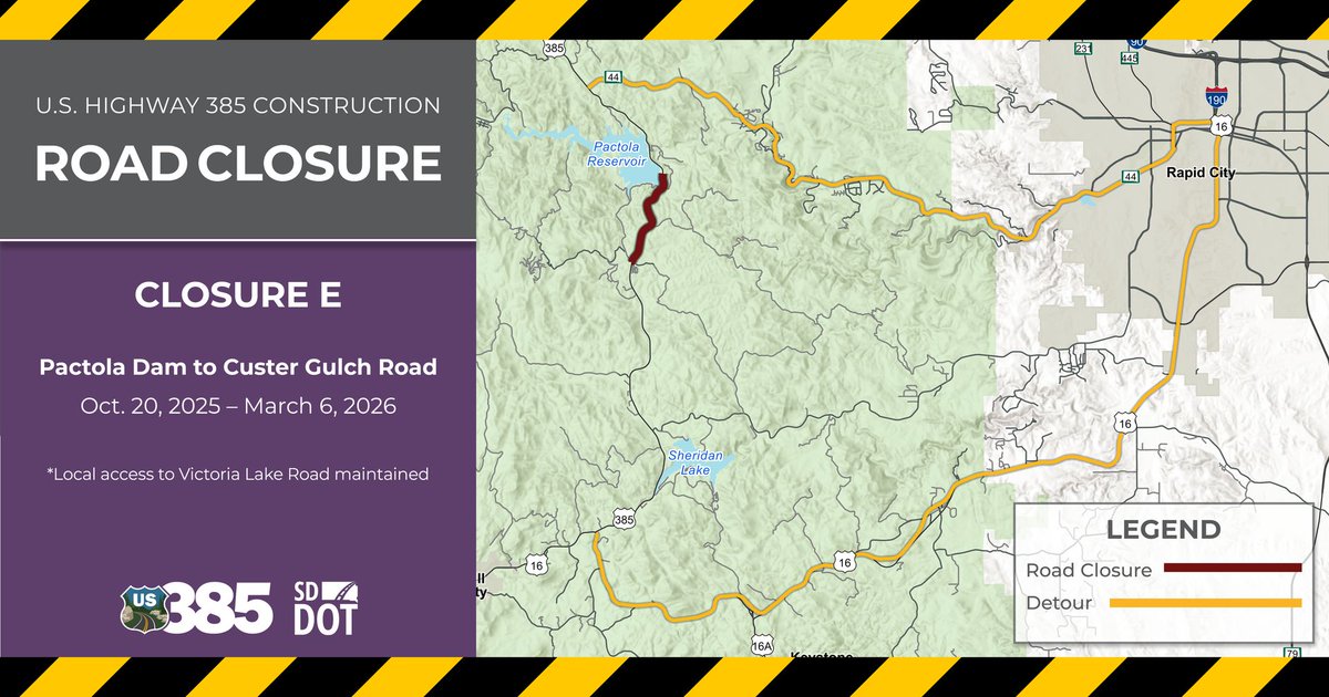 Beginning on Monday, Oct. 20, 2025, U.S. Highway 385 from the south end of Pactola Dam to Taylor Ranch Road will be closed to through traffic. The roadway will reopen on Friday, March 6, 2026. 

US-385.com

#SDDOT #SD511