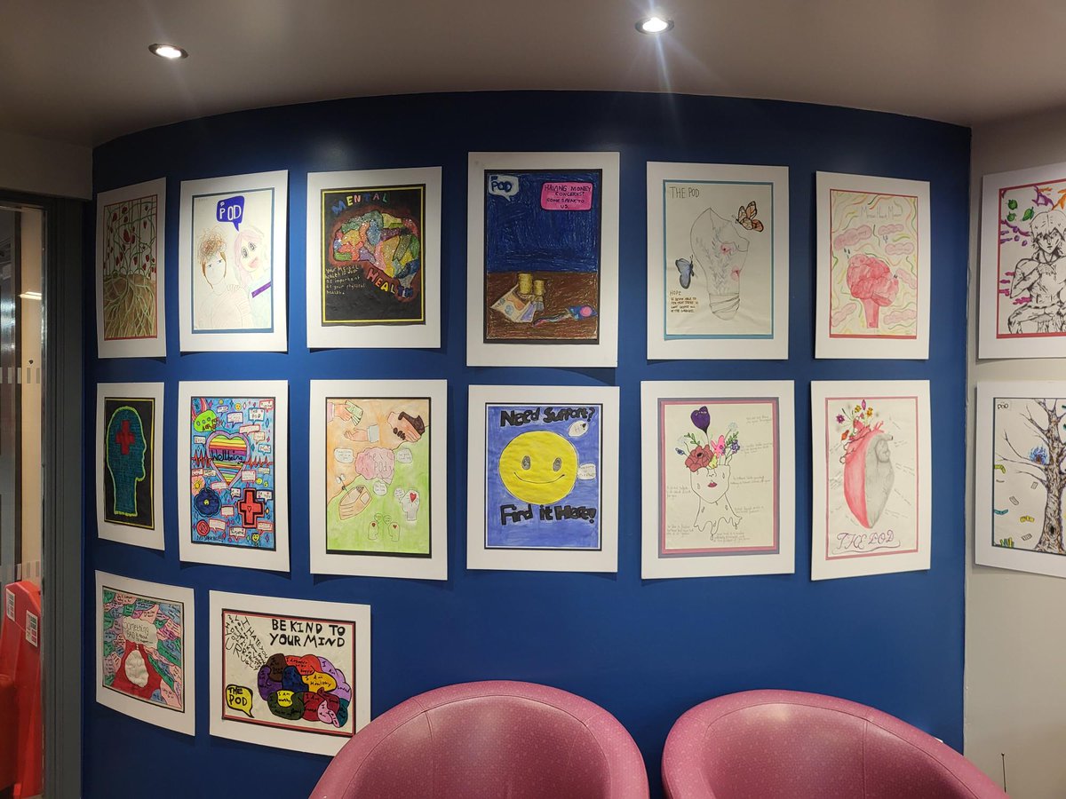 hughbaird's tweet photo. Our talented Level 1 students have created a stunning collection of artwork inspired by the services offered by The POD. Each piece aims to highlight the support available and encourage others to feel confident reaching out for help, guidance, or advice. Great work! 👏 https://t.co/9NedfxGOi3