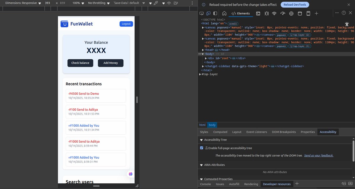 AdityaRaj_x's tweet image. FunWallet - A wallet for play, not pay.

&amp;gt; Live link - funwallet.vercel.app

📌 I built this for learning purposes  to understand how wallet transactions and transaction history actually work.

#BuildInPublic  #nodejs #reactjs

@ChaiCodeHQ  review.