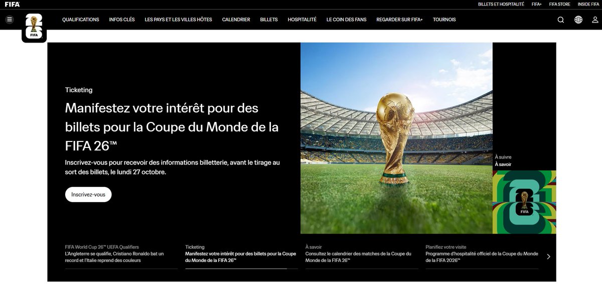 🎟️ 2ème vente de billets pour la Coupe du Monde 2026 🏆

La prochaine vente de tickets ouvrira au grand public le lundi 27 octobre ✅

👉 Il faut dès maintenant s'inscrire sur la billetterie en ligne de la FIFA.

#WorldCup2026