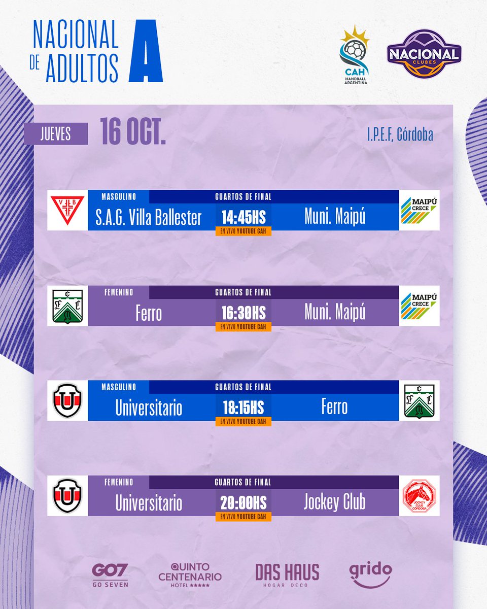 ¡Jornada de definiciones 🔥 en el Nacional Adultos “A” 🏆!

Los ocho mejores equipos de cada rama van por un lugar en semifinales, en una jornada que promete handball del mejor nivel.

📺 Seguí toda la acción en vivo por el canal de YouTube de la CAH: youtube.com/@handball.arge…