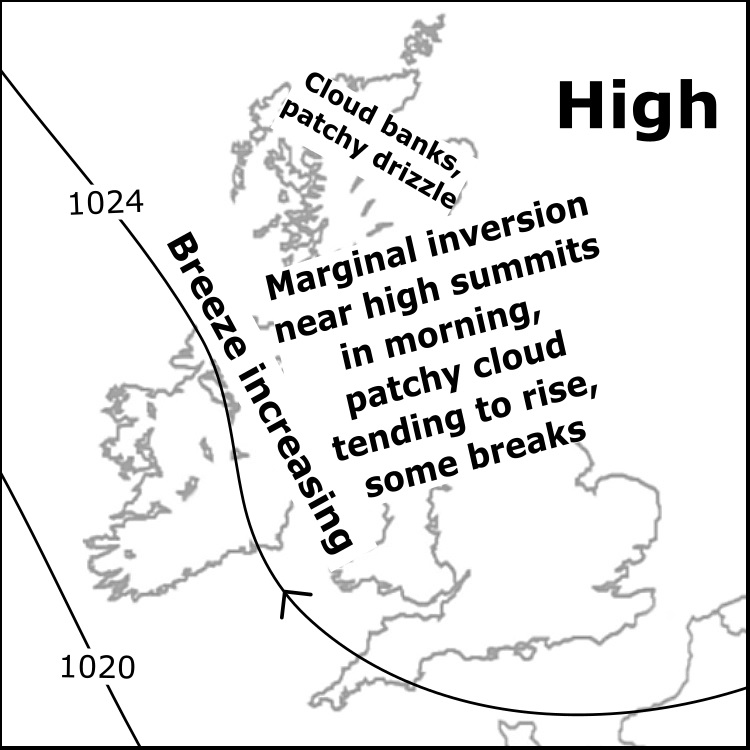 Fri 17/10: Varied areas low cloud/fog in morning, some highest tops just poking above inversion, mainly SW-central Highlands, possibly Snowdon &amp; Lakes tops. Cloud tending to rise, breaks locally. Thicker cloud layer N/E Highlands, local drizzle. SE'ly breeze starting to increase.
