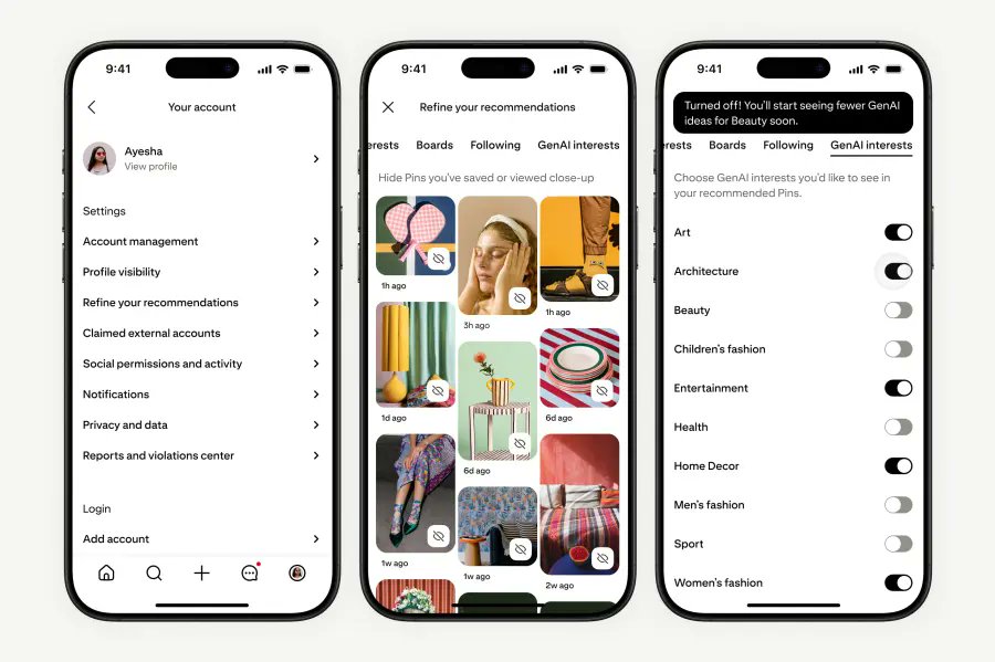 Following backlash about AI slop taking over users' feeds -&gt; Pinterest adds new tools to let users limit how much AI-generated content they see in their feed in certain categories, including beauty, art, and home  decor

"Users can now personalize their feeds to restrict GenAI