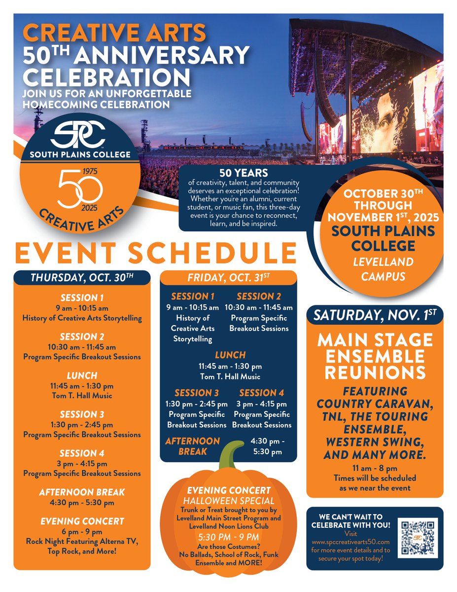 South Plains College will commemorate the 50th anniversary of its Creative Arts Department with a vibrant three-day celebration from October 30 to November 1 on the Levelland campus. The event is free and open to the public, taking place in the Creative Arts Building and on the
