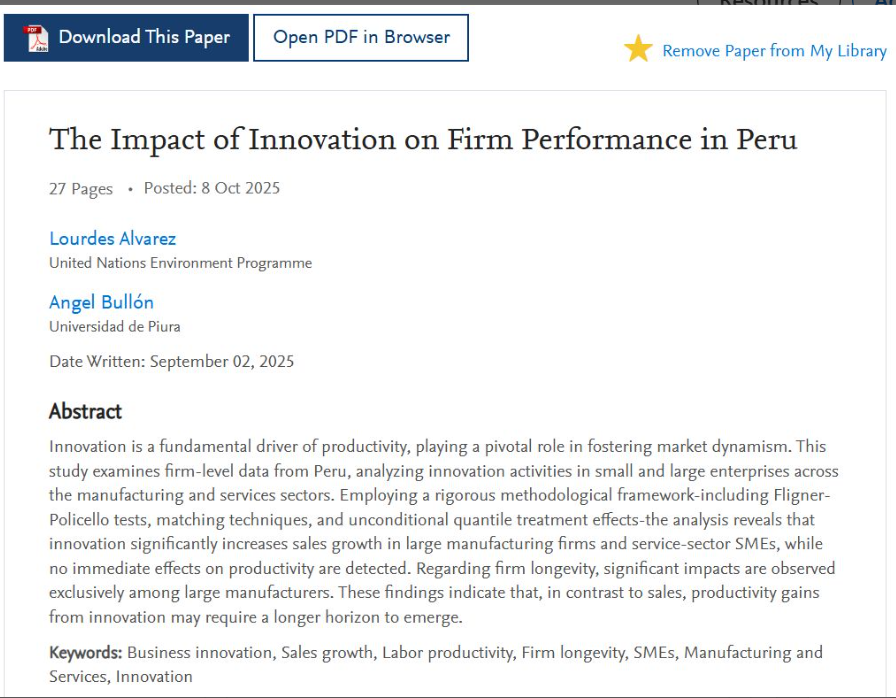 Happy to be at  the 9th Conference of the Latin American and Caribbean Network on the Economics of Innovation and Entrepreneurship (RIE) <a href="/the_IDB/">Inter-American Development Bank</a> in     Brazil.
See our paper "The Impact of Innovation on Firm Performance in Peru".
Preprint: papers.ssrn.com/sol3/papers.cf…