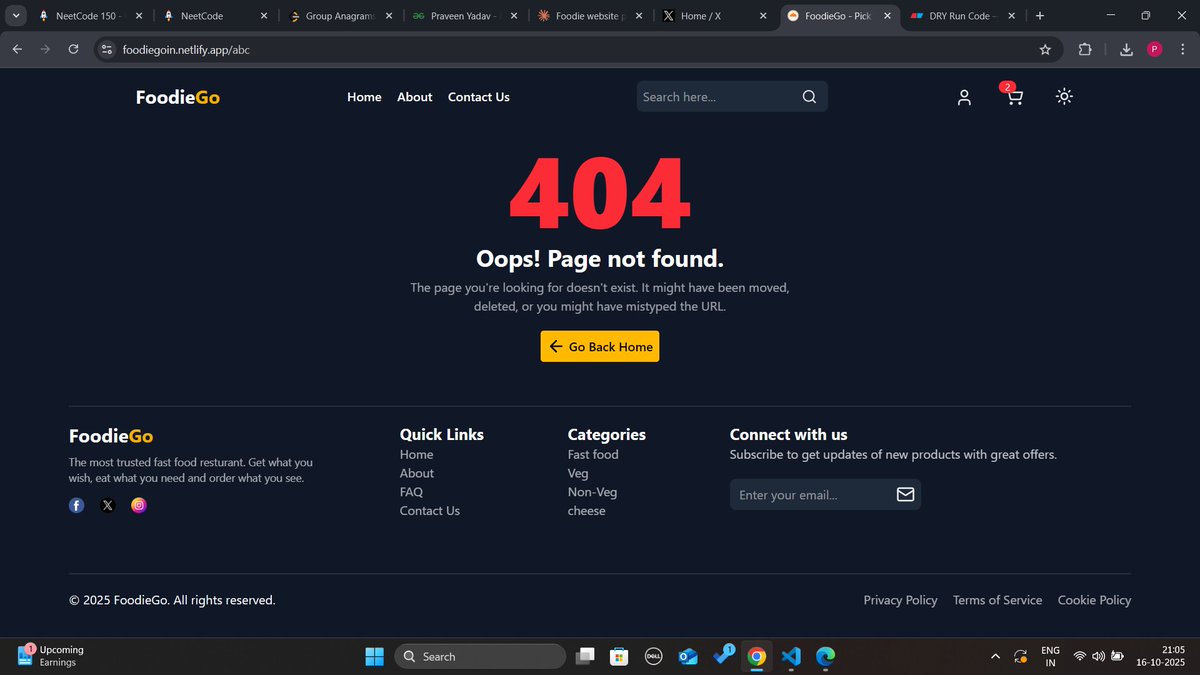 prveen_yadav_'s tweet image. Updated my FoodieGo App -&amp;gt;
🔗 foodiegoin.netlify.app

Features: 
✅ Real-time search 
✅ Smart cart system 
✅ Dark mode 
✅ Smooth animations 
✅ Fully responsive
✅ Toast
✅ UseMemo
✅ Smart Cardpreview
✅ Farmer Motion

Next up: Writing API
#ReactJS #WebDevelopment #Frontend