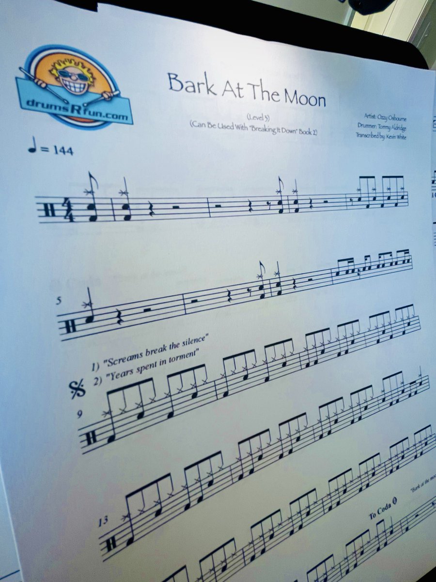 drumsrfun's tweet photo. “Bark at the Moon” by @OzzyOsbourne  was released in 1983. It’s known as one of Ozzy’s best songs and the first song by him to have a music video. This week’s #tbt drum transcription features Tommy Aldridge on #drums, and is arranged as an easier “student friendly” version. 🌕🥁 https://t.co/CxFrohWCaW