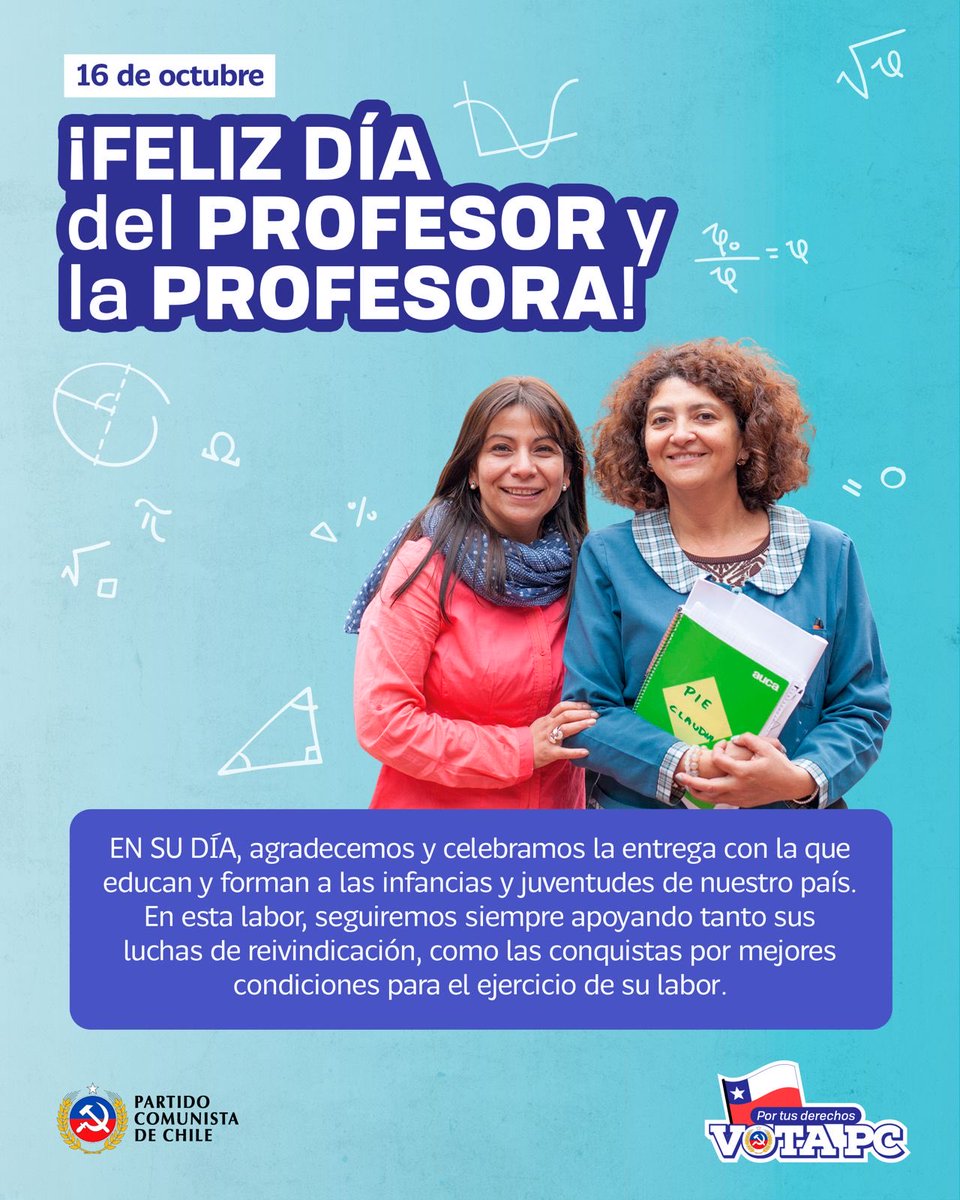 En este día del profesor y la profesora, con especial recuerdo de mis padres, maestros, les entrego un saludo lleno de afecto y cariño. Las y los comunistas tenemos una relación histórica con el magisterio.
Hemos avanzado, pero queda aún mucho por hacer. 
¡Felicidades en su día!