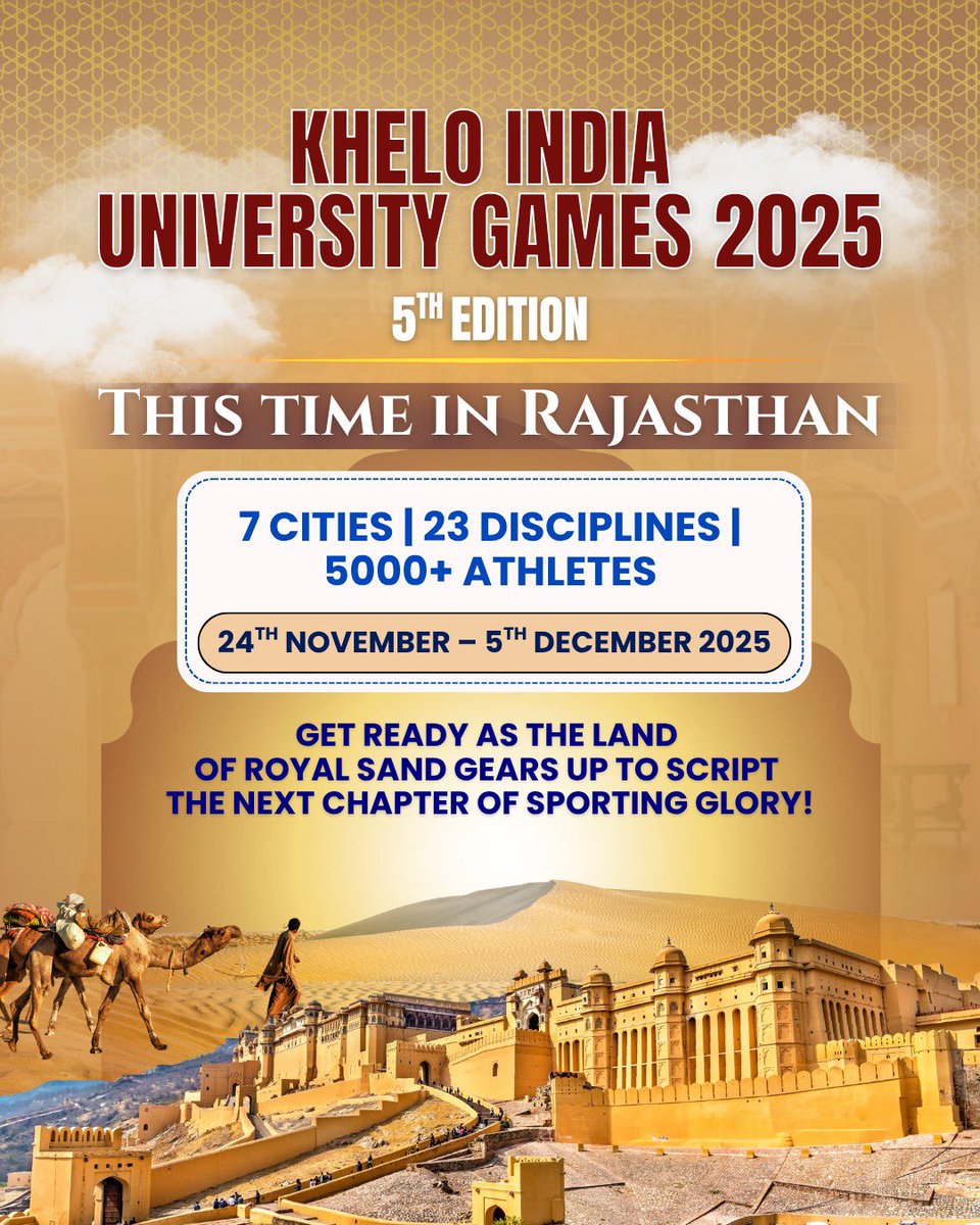 Get Ready for Action !

The 5th Khelo India University Games will be held in Rajasthan.

Our finest young talents will compete with each other, setting new records and benchmarks.

📅 24th Nov – 5th Dec 2025