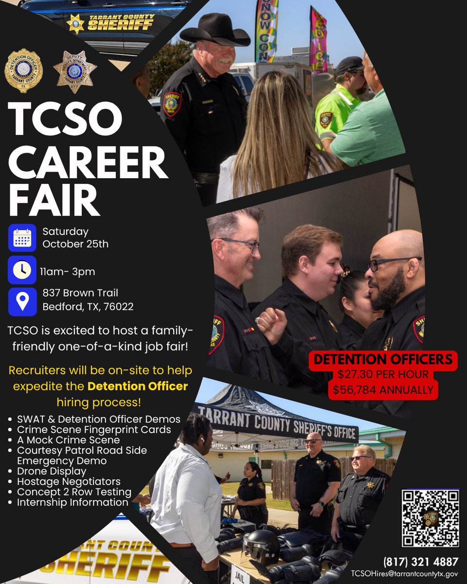 📷 TCSO Job Fair is just around the corner!
Join us on Saturday, October 25, from 11 AM to 3 PM at 837 Brown Trail, Bedford, TX, for a behind-the-scenes look at careers in law enforcement.
Interested in becoming a Detention Officer? We’re offering an expedited hiring process.