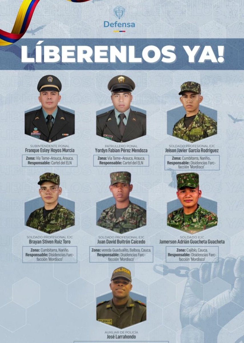 #NoticiaW | “Exigimos la liberación inmediata de nuestros hombres del Ejército Nacional de Colombia y Policía Nacional de los colombianos secuestrados en Cauca, Nariño y Arauca por el cartel del ELN y el cartel de las disidencias de alias 'Mordisco' ministro de Defensa, Pedro