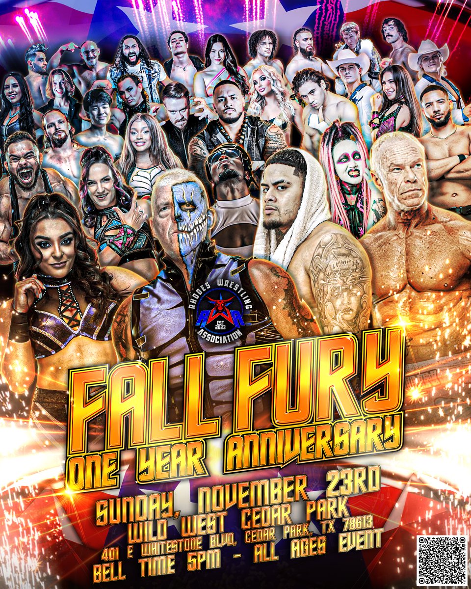 dustinrhodes's tweet photo. Big Anniversary show November 23rd. 1 yr of @RhodesWrestling!!!

#FallFury2!!!!
Come be a part of it! I have lots in store for yall, so go grab those TIX TODAY!!!!!
#RWA #prowrestling at #WildWestCedarParkTx!!
VIP-3:00 w/meet and greet with RWA talent
General doors-4:00
Showtime-5:00 pm central 

https://t.co/nmjZiAoZDd