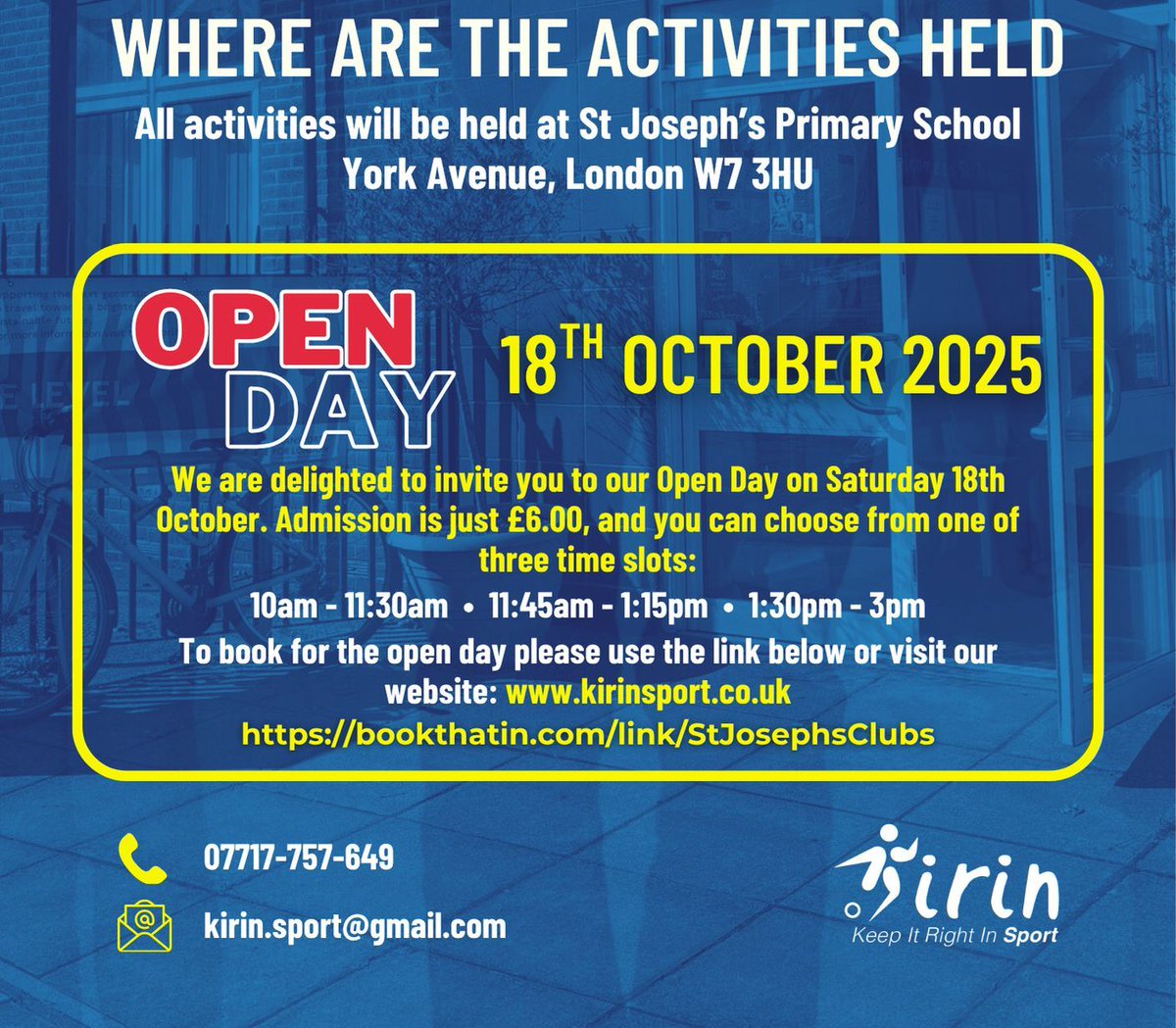 stjcphanwell's tweet photo. We’re thrilled to welcome Kirin Sports as a potential new partner for our school clubs! Try out Jiu Jitsu, Gymnastics &amp; Athletics at a taster session on Sat 18 Oct. Just £6! Book now 👉 https://t.co/ctKS475tuN

#StJosephsHanwell #SchoolClubs #ActiveKids https://t.co/l2KRWcO6rl