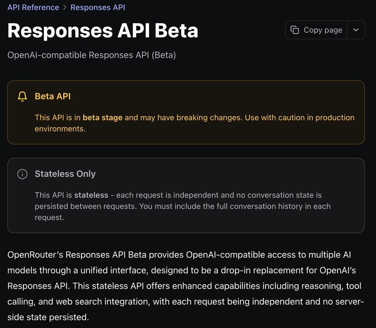 OpenRouterAI's tweet image. ✅ We are launching the Responses API Beta
 
This API is stateless which means each request is independent with no server-side state.

Beta Docs - openrouter.ai/docs/api-refer… 

Give the Beta API a try and let us know what you think!