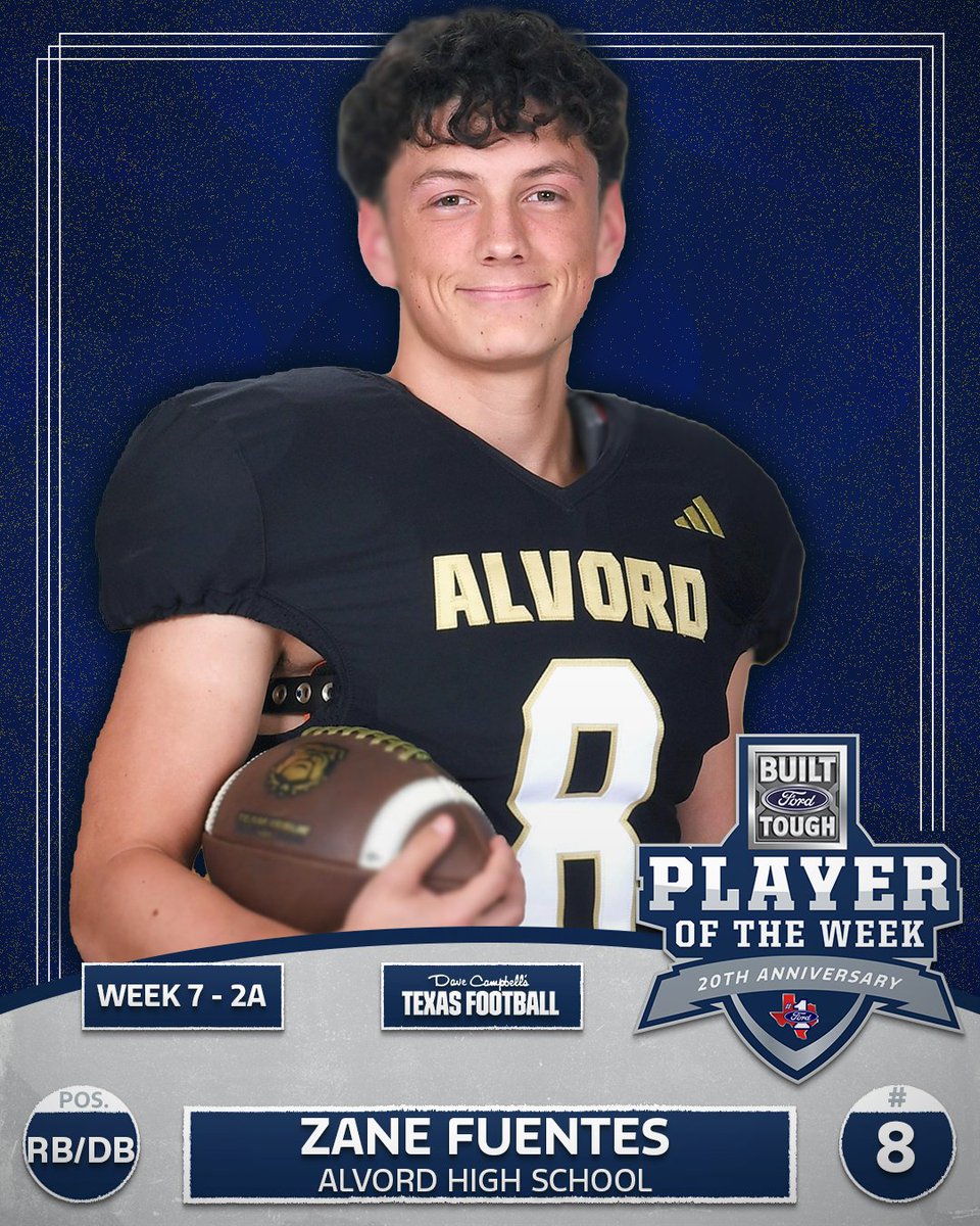 Week 7 #BFTPOW Class 2A winner <a href="/Zanefuentes07/">Zane Fuentes</a> carried Alvord with 49 CAR for 350 YDS &amp; 5 TDs, scoring the GW TD with 24 sec left. Added 9 TKL &amp; 2 PBUs for a two-way dominant night! 💪🐾

#NTXFord #TXHSFB <a href="/AlvordISD/">Alvord ISD</a> <a href="/KlementFord/">Karl Klement Ford</a> <a href="/dctf/">Dave Campbell's — TexasFootball.com</a>