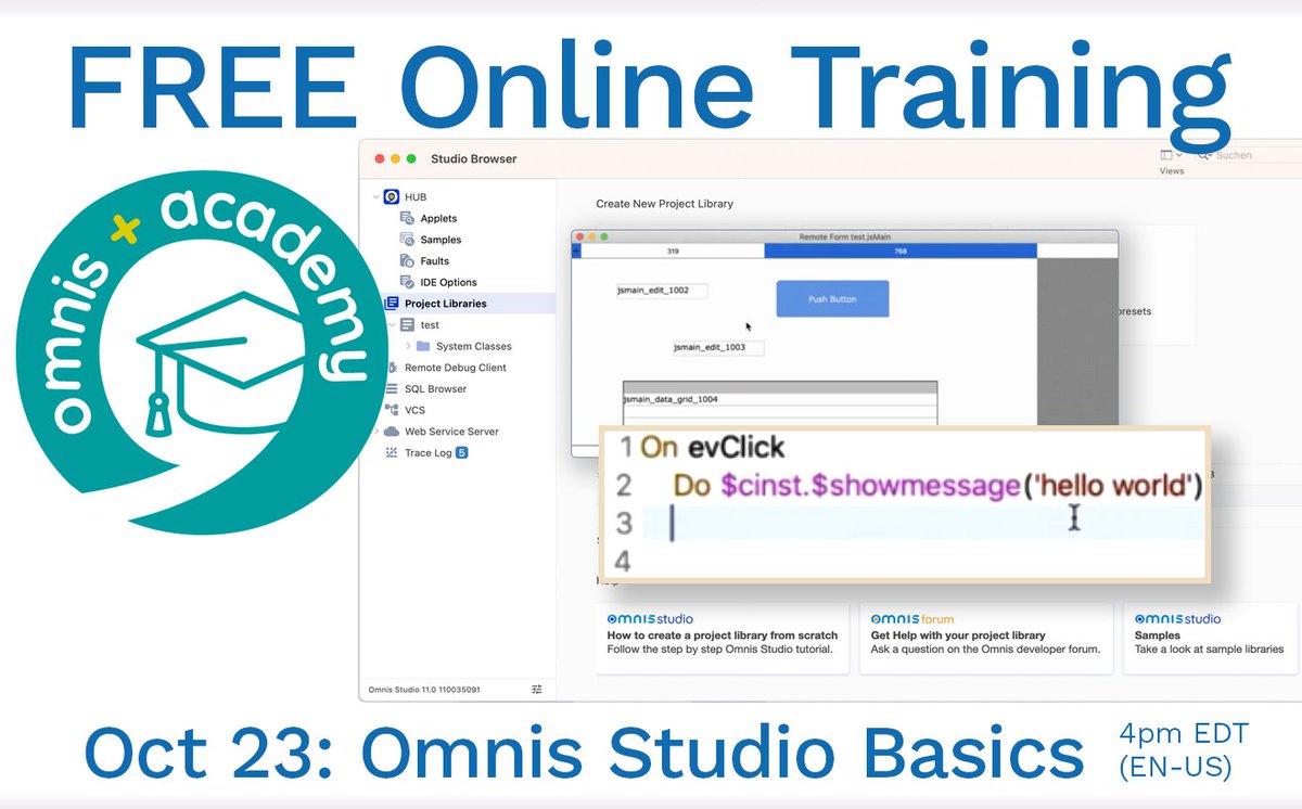 Omnisstudio's tweet image. FREE Online Training: Create your first app in the #Omnis Academy.
โ October 23: Omnis Studio "Basics" in Developing #JavaScript Web and Mobile Apps
โ In English, USA 4pm EDT
Register today:
omnis.net/events-page/omโฆ